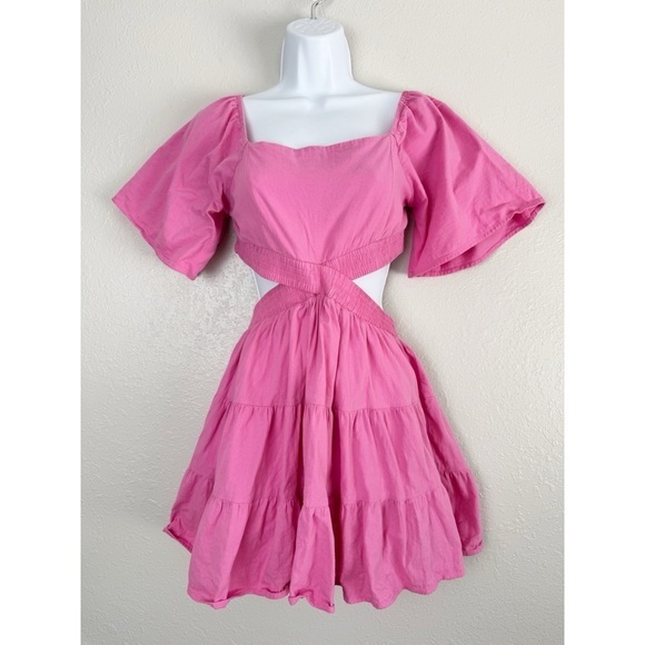 Shy Velvet Dresses & Skirts - Shy Velvet pink square neck crossover smocked waist cutout mini dress S